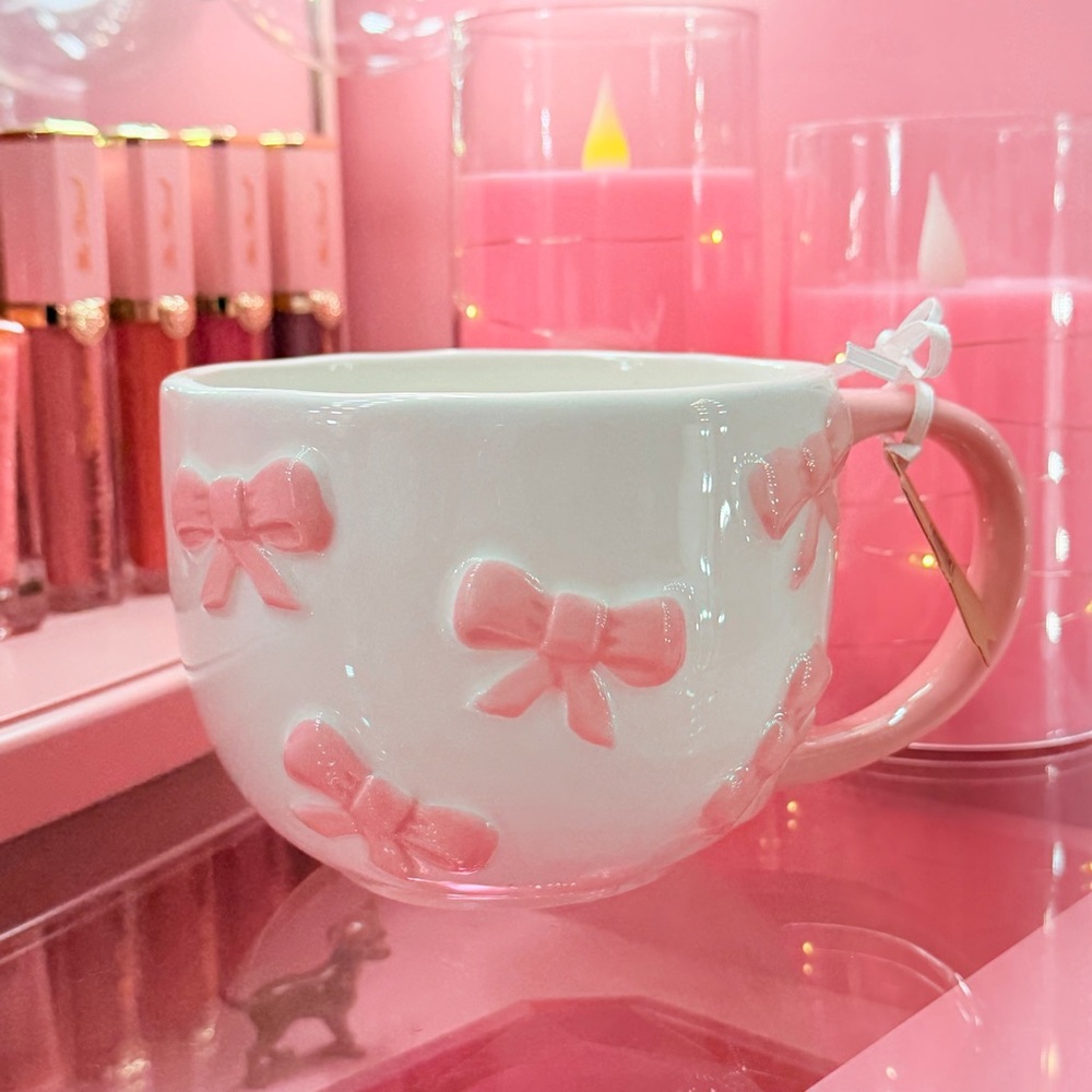 Pink Bow Coquette Girly Ceramic Hand Painted Coffee Cup Mug